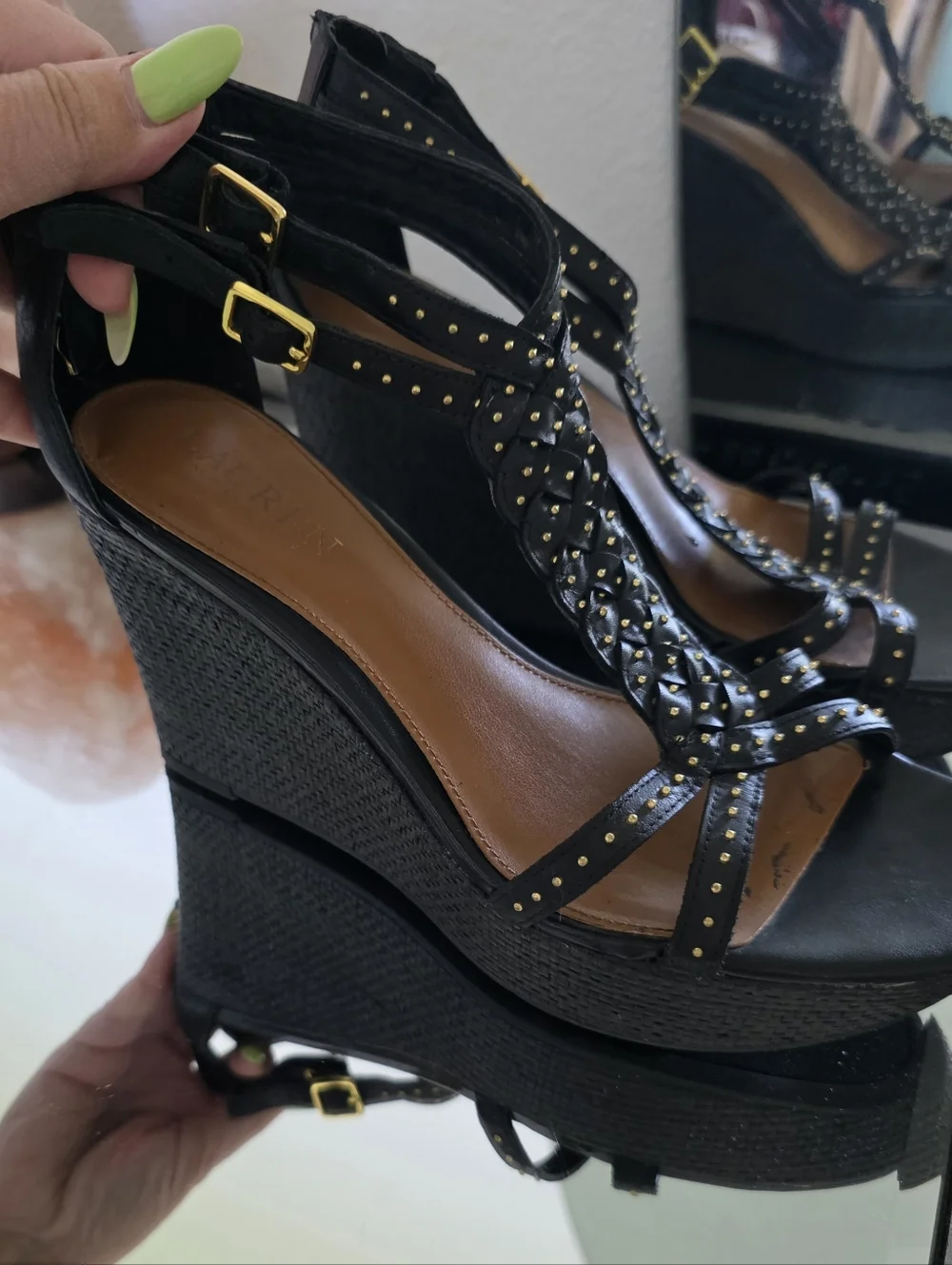 Ralph Lauren Black Braided T-Strap Wedge Sandals with Gold Studs